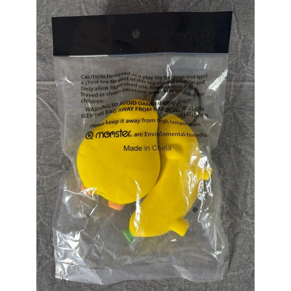 Q-monster Dog Toy OS Play For Fun Yellow Squeaky Natural Rubber 2 Pack NEW